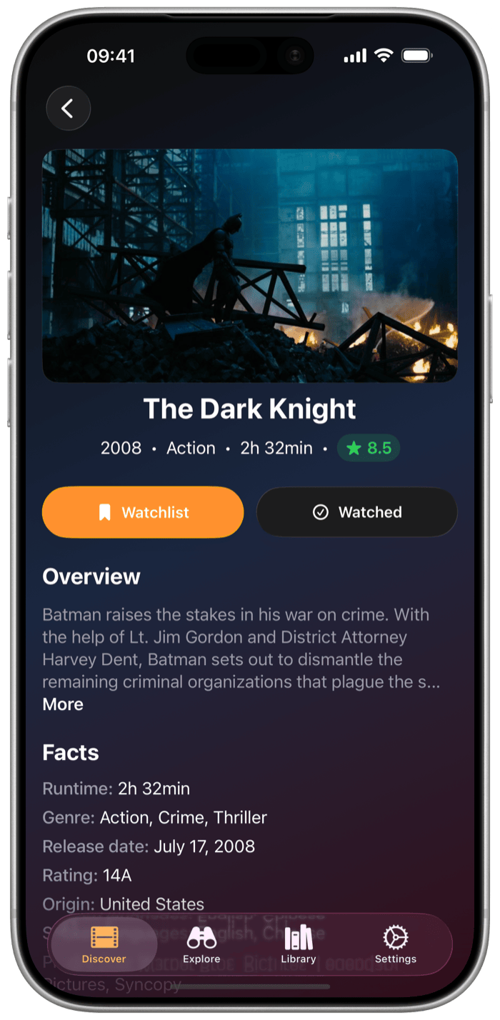 What 2 Watch movie detail screen for The Dark Knight showing its overview and facts